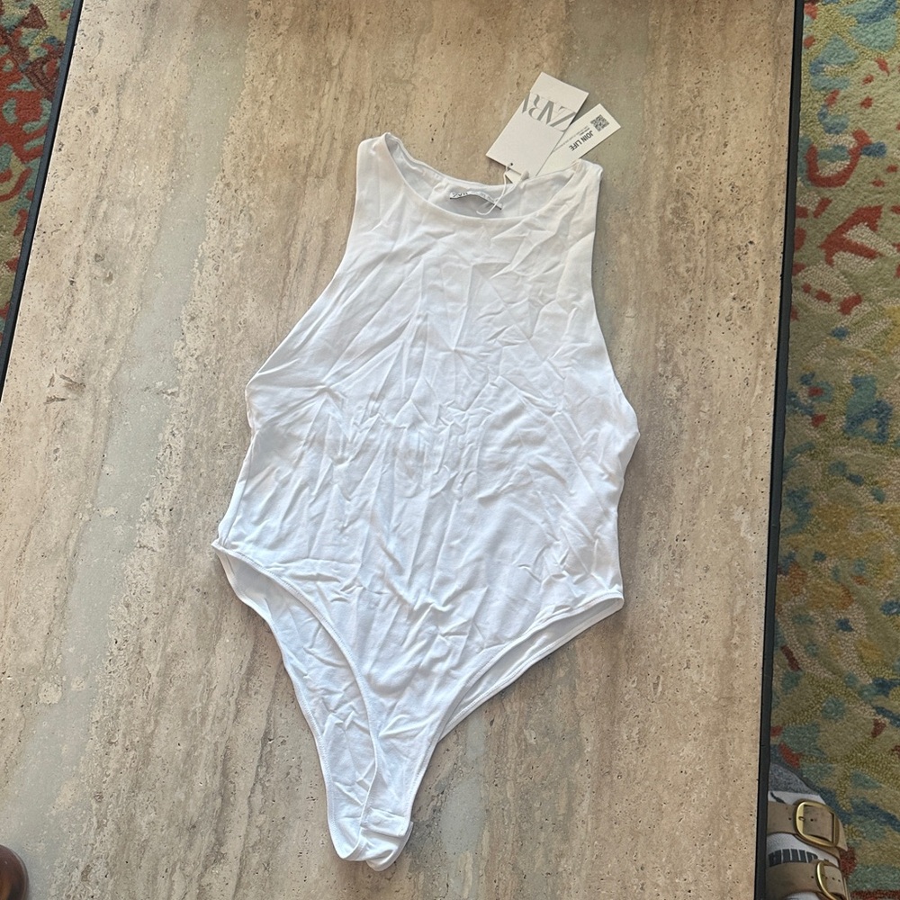 Zara high neck  White sleeveless tank Top‎ bodysuit Large NWT